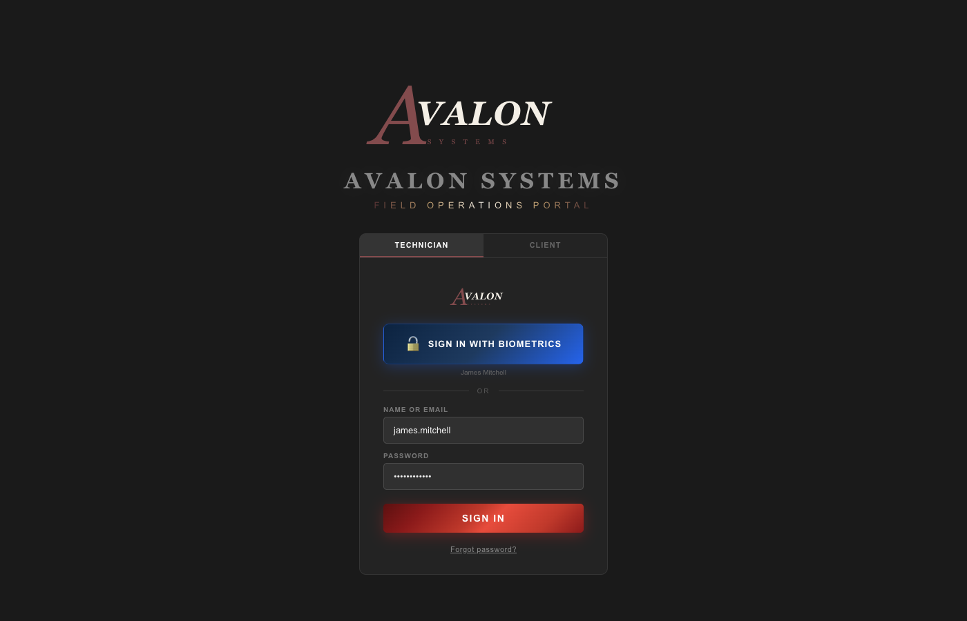 Avalon Systems login screen — technician and client modes with biometric option